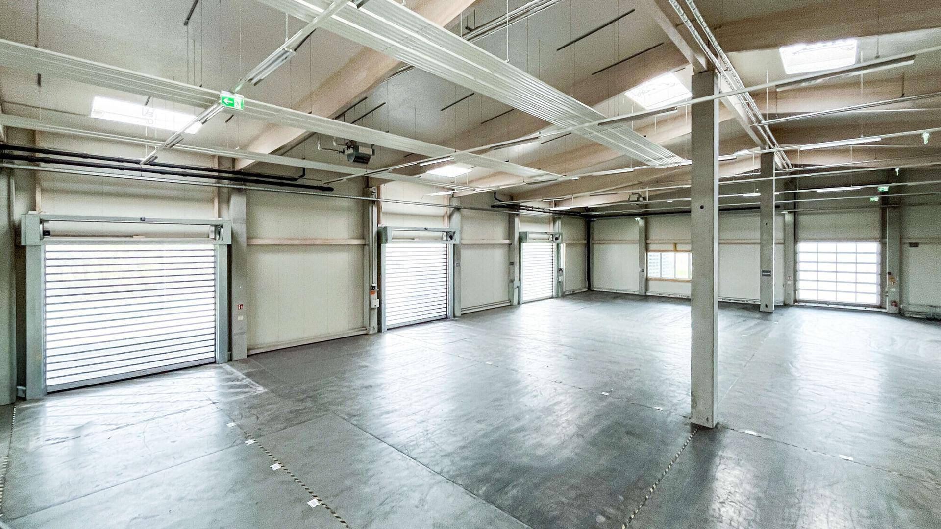 Geräumige, leere Lagerhalle mit hohen Decken, Betonboden und mehreren Rolltoren.