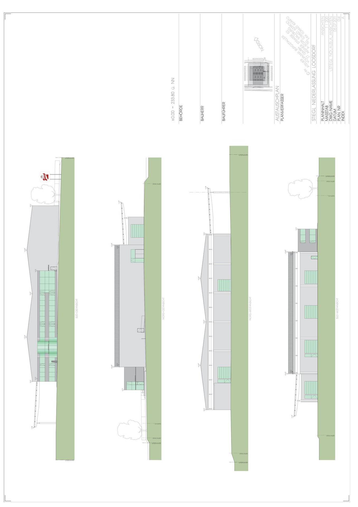 Architektonische Zeichnung mit verschiedenen Ansichten des Gebäudes und seiner Fassaden.