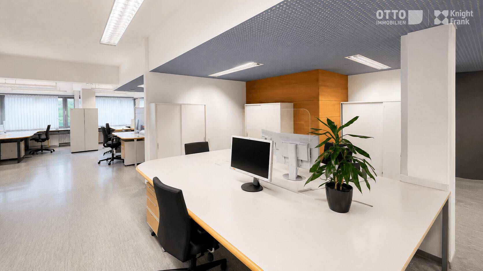 Modernes Großraumbüro mit ergonomischen Arbeitsplätzen und viel Tageslicht.