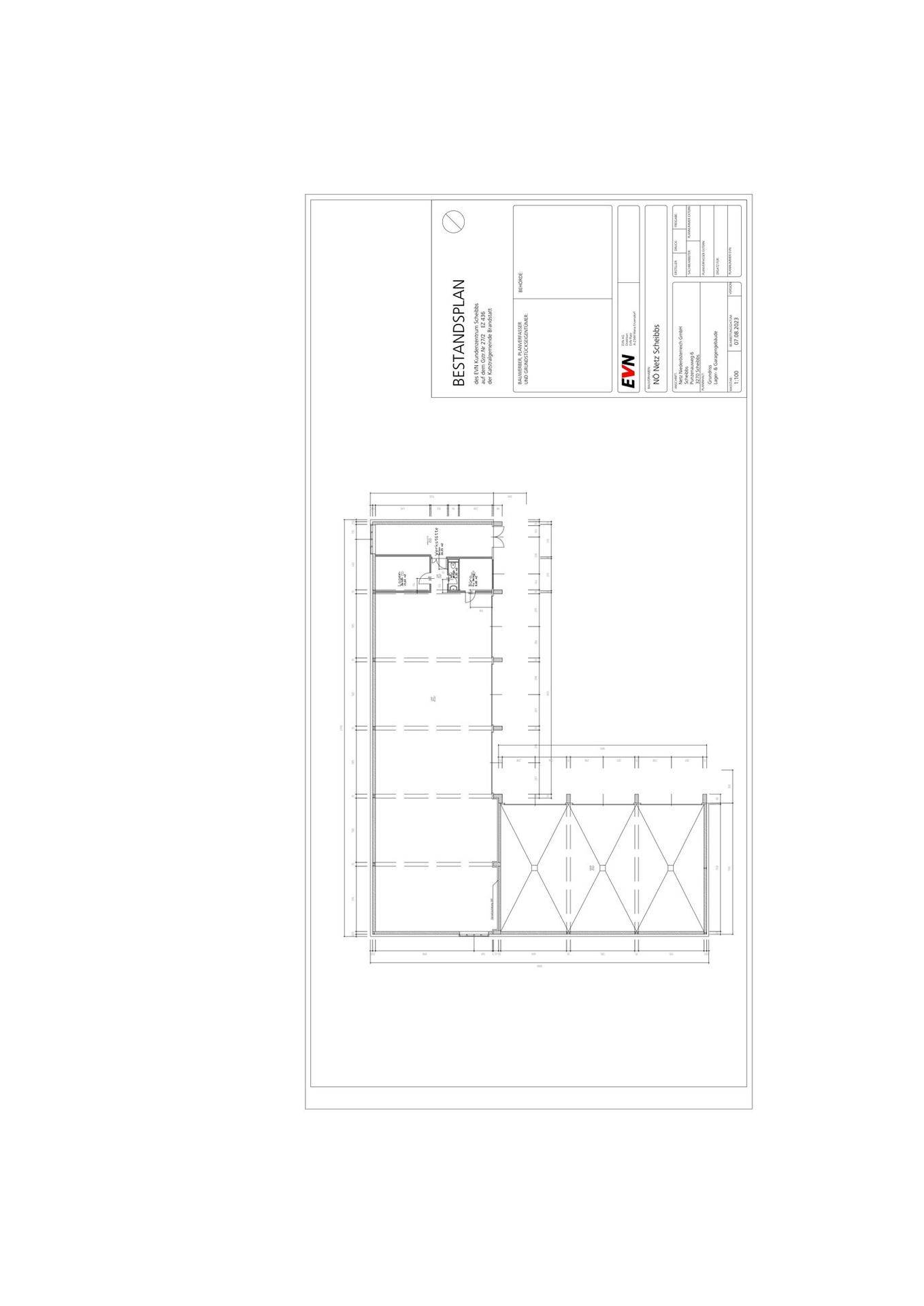 Bestandsplan zeigt den Grundriss eines Teils des Gebäudes mit Lagerflächen.