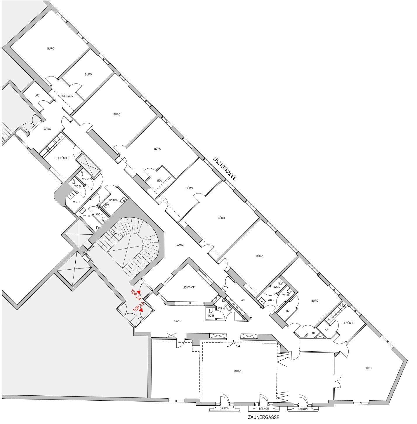 Grundriss eines Bürogeschosses mit mehreren Büros, Teeküchen und Balkonen, übersichtlich dargestellt.