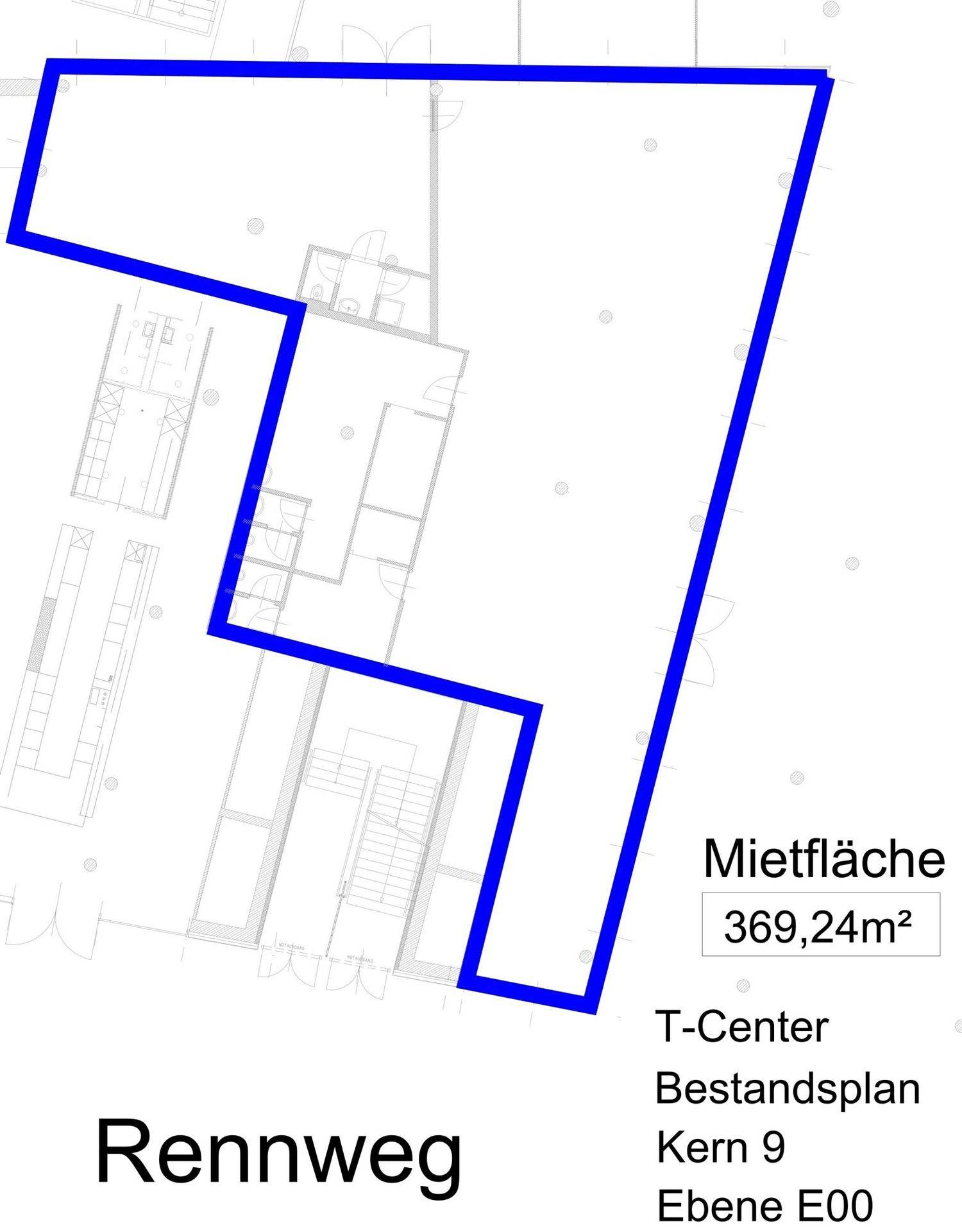 Grundrissplan einer Mietfläche von 369,24 m² im T-Center, Ebene E00.