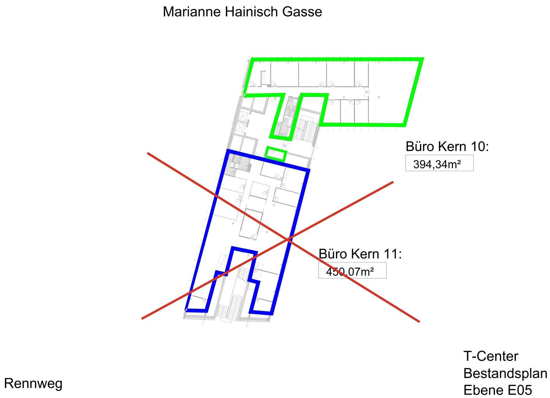Schematischer Grundrissplan mit zwei Bürokerneinheiten und deren Flächenangaben in Quadratmetern.