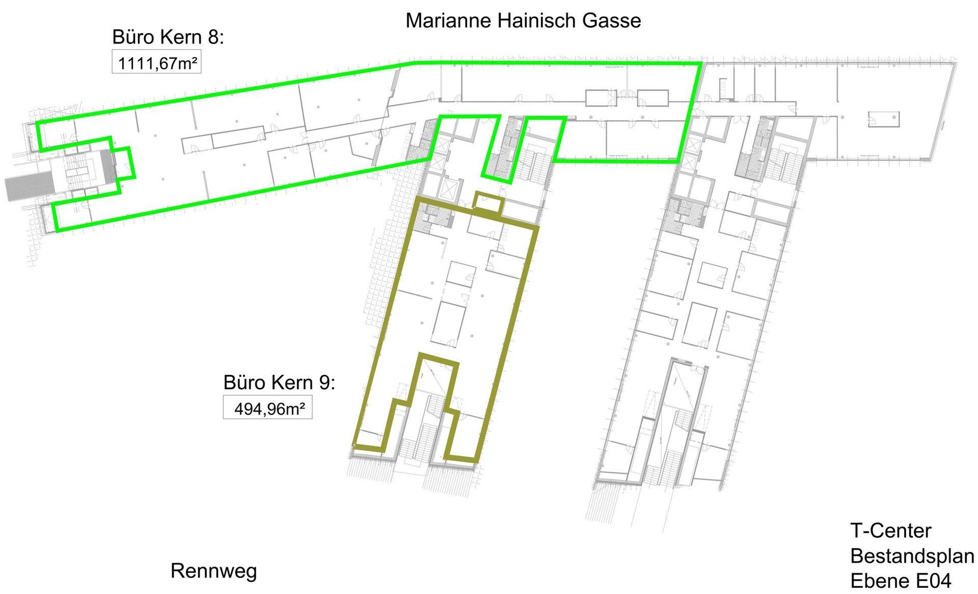 Grundrissplan eines Bürogebäudes mit markierten Bereichen und Flächenangaben für verschiedene Kerne.