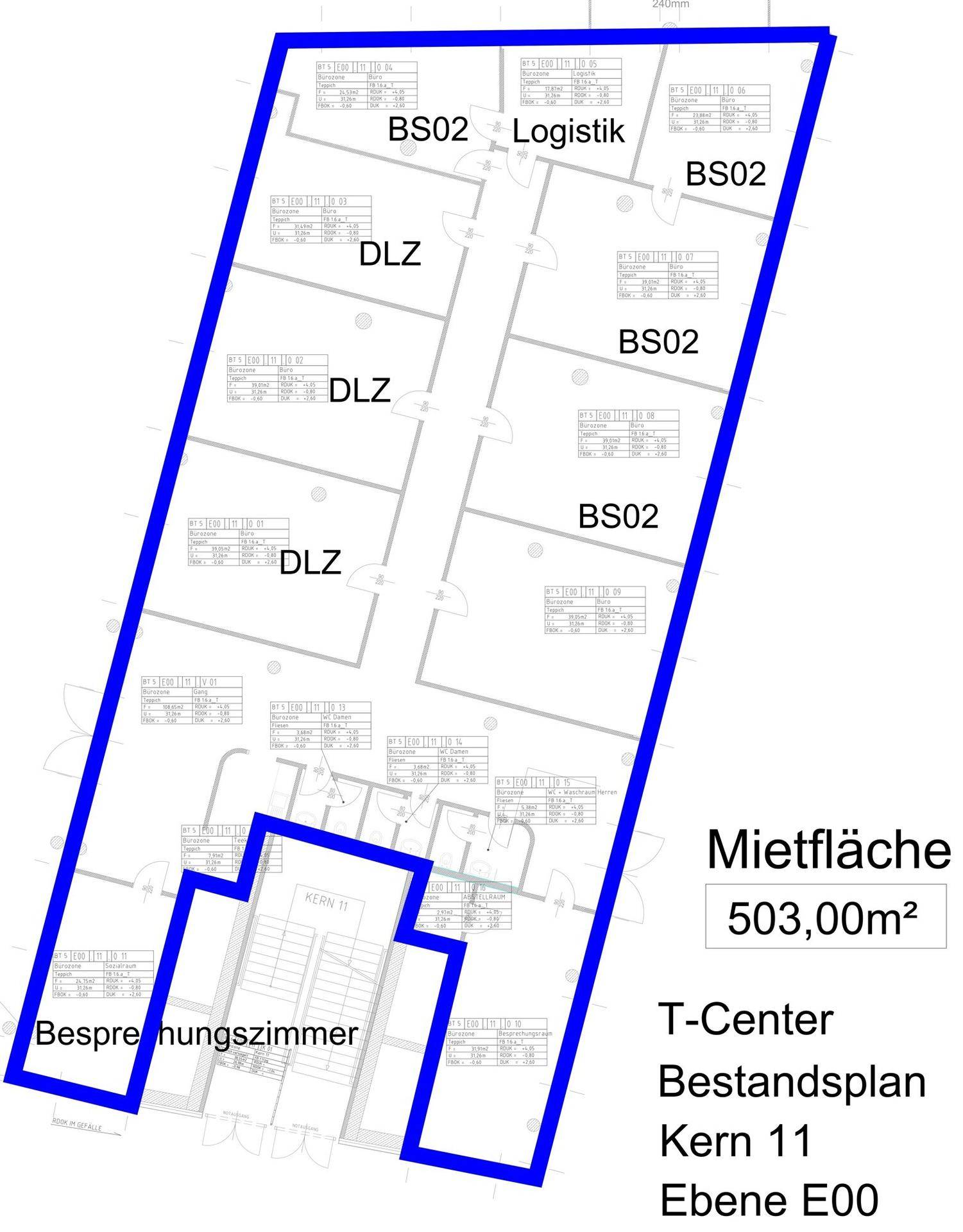 Grundrissplan einer Büroetage mit verschiedenen Bereichen und einer hervorgehobenen Mietfläche.