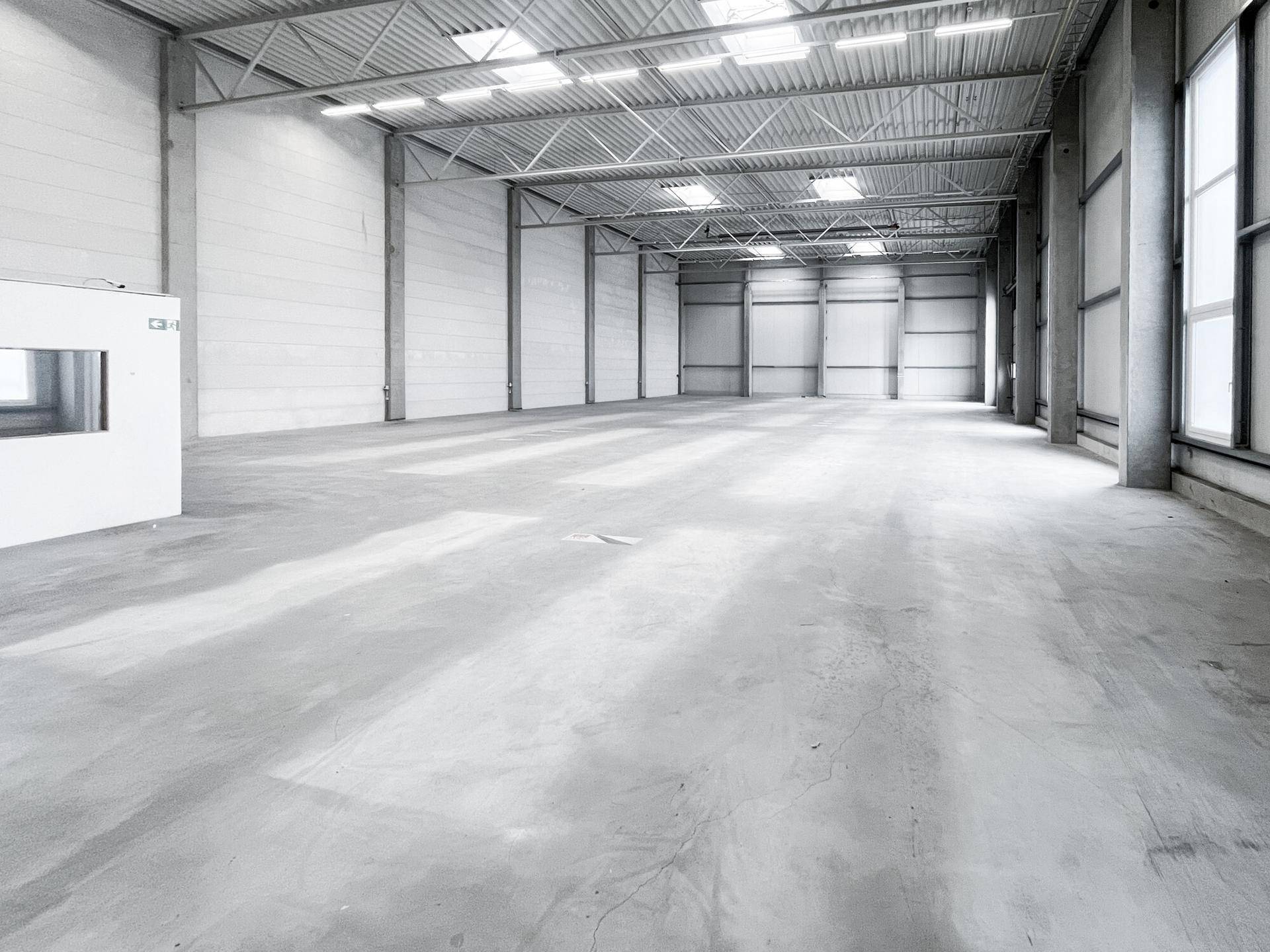 Weitläufige, leere Lagerhalle mit glattem Betonboden und viel Tageslicht von oben und den Seiten.