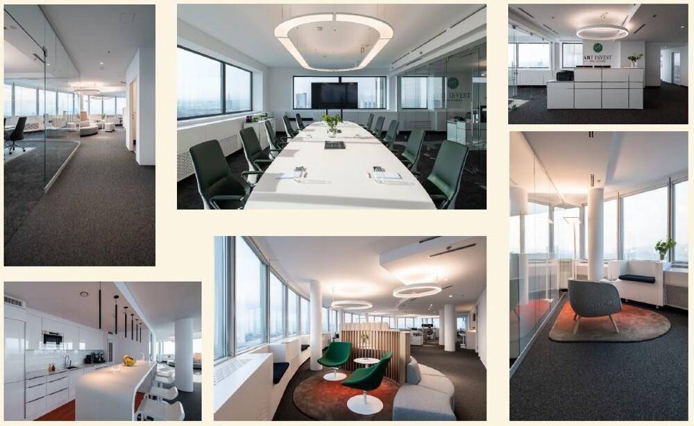 Collage verschiedener Innenräume eines modernen Büros mit Konferenzraum, Küche und Lounge-Bereichen.