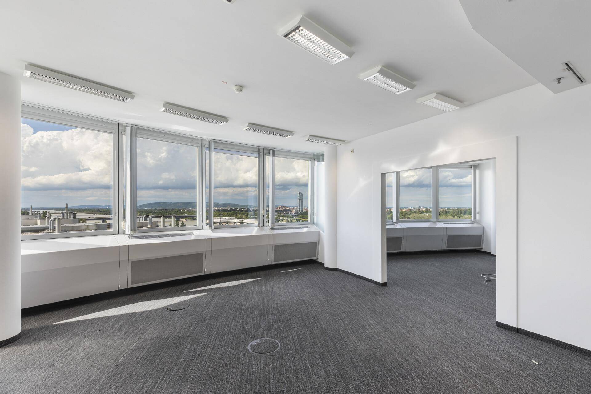 Offenes Büro mit Teppichboden, großen Fenstern und einer weiten Aussicht auf die Umgebung.