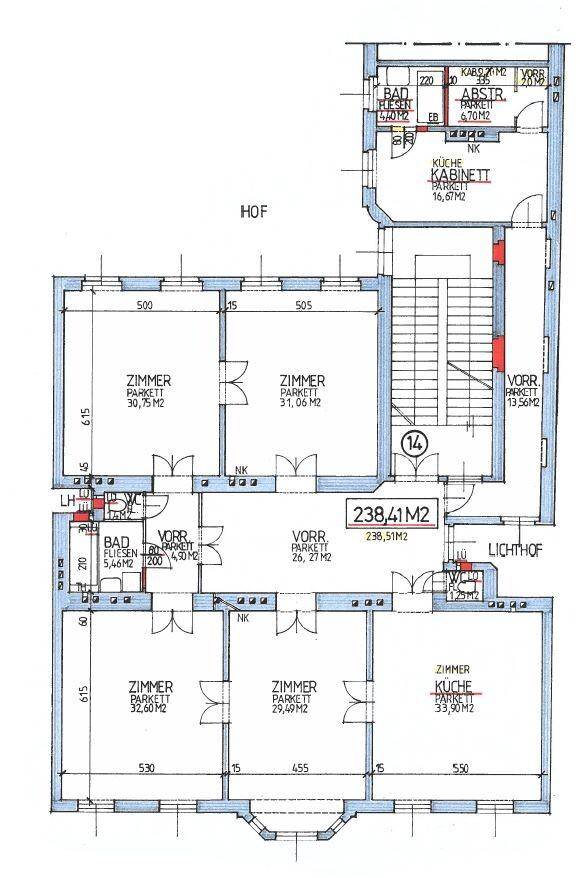 Detaillierter Grundriss einer Etage mit mehreren Zimmern und Gesamtfläche von 238,41 m².