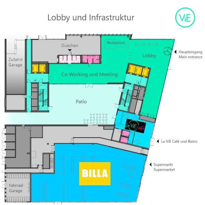 Grundrissplan der Lobby und Infrastruktur mit Haupteingang, Co-Working-Bereich, Patio und Supermarkt.