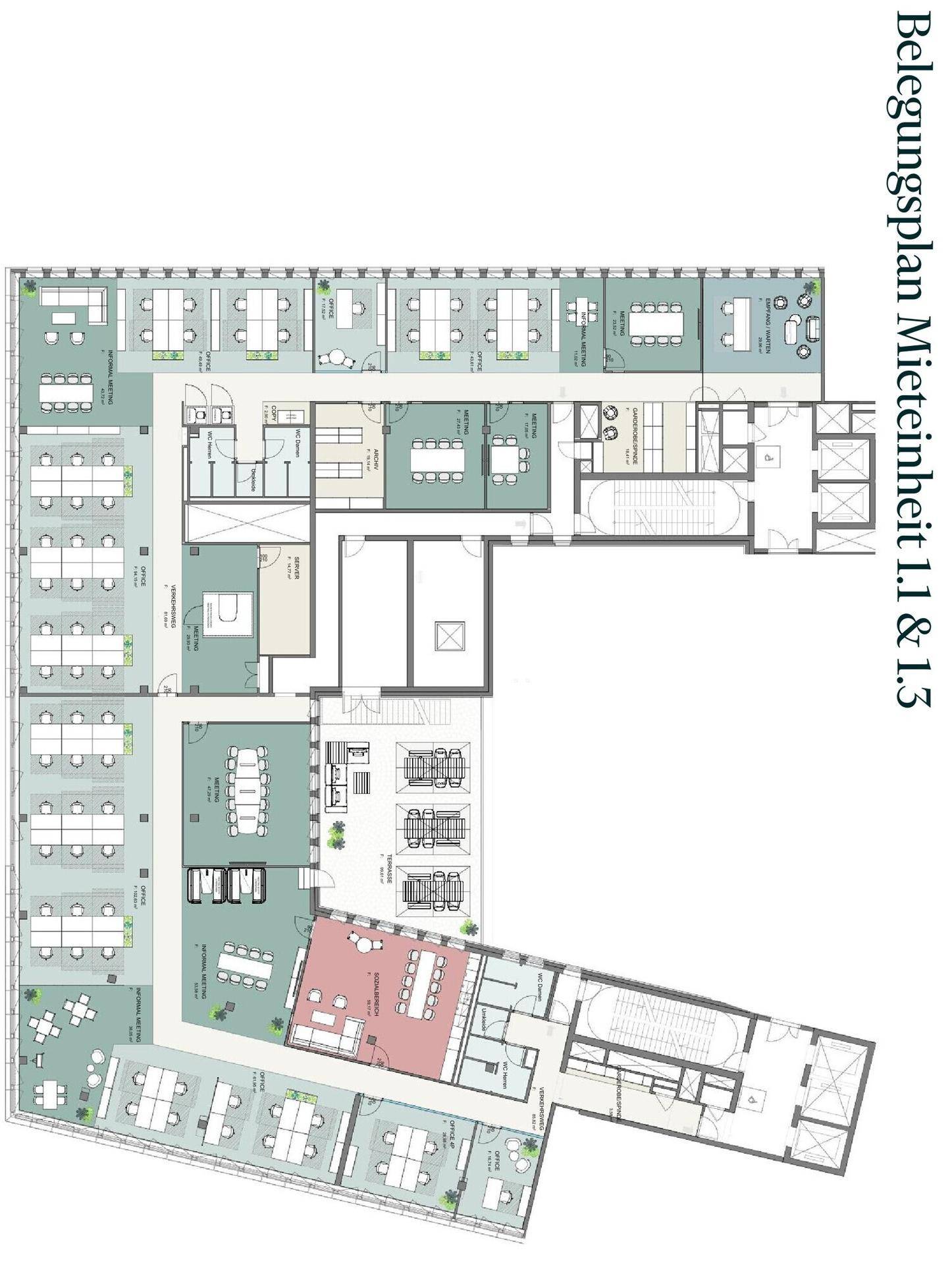 Belegungsplan für Mieteinheiten 1.1 und 1.3 mit verschiedenen Büro- und Besprechungsraumlayouts.