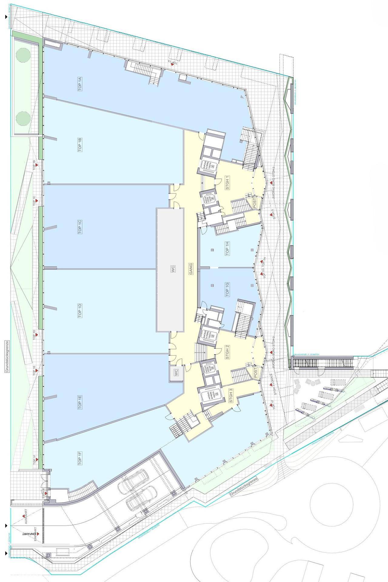 Detaillierter Grundriss einer Etage mit mehreren Gewerbeeinheiten und Erschließungsbereichen im Neubauprojekt.