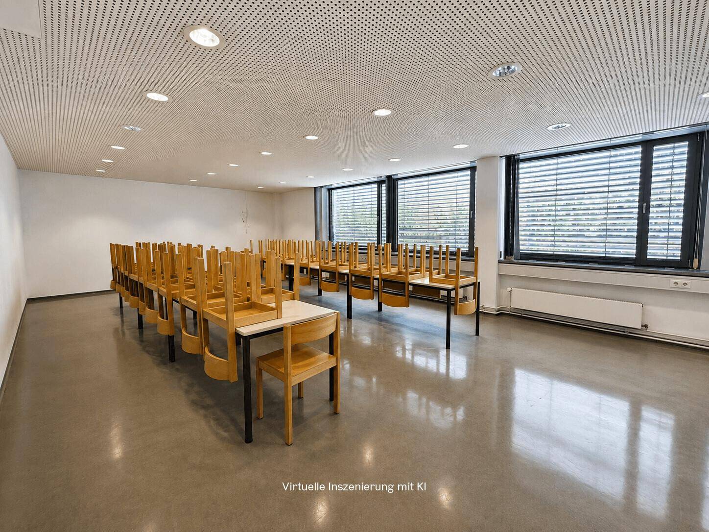 Großer Mehrzweckraum mit gestapelten Stühlen, Tischen und großen Fenstern.