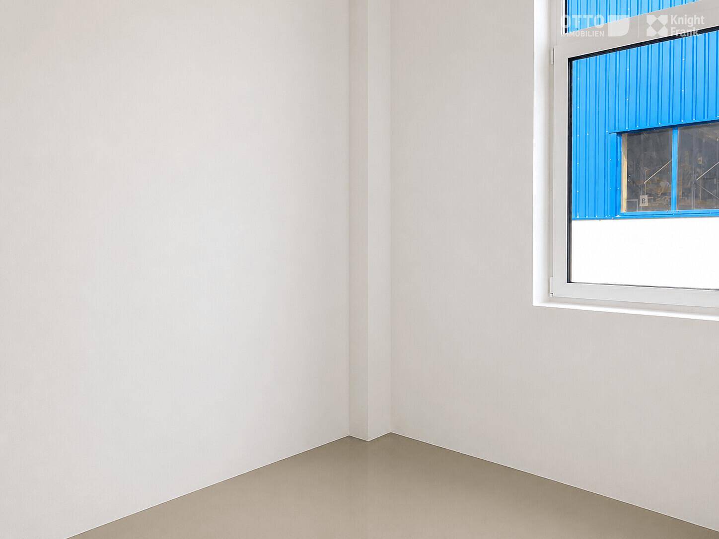 Heller, leerer Raum mit weiß gestrichenen Wänden und einem Fenster mit Blick auf das Außengelände.