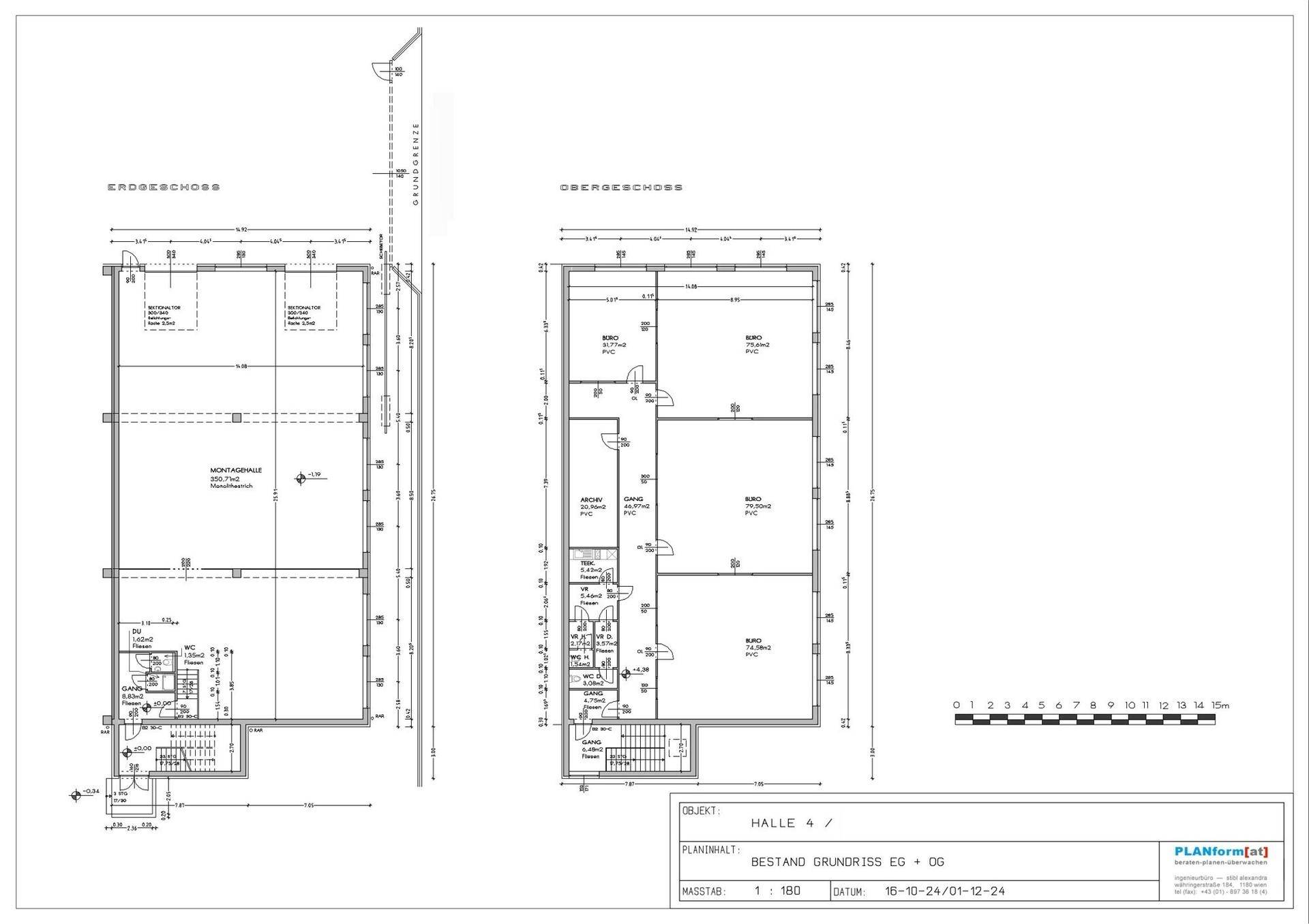 Grundriss des Erdgeschosses und Obergeschosses einer Halle mit verschiedenen Räumen und Balkon.