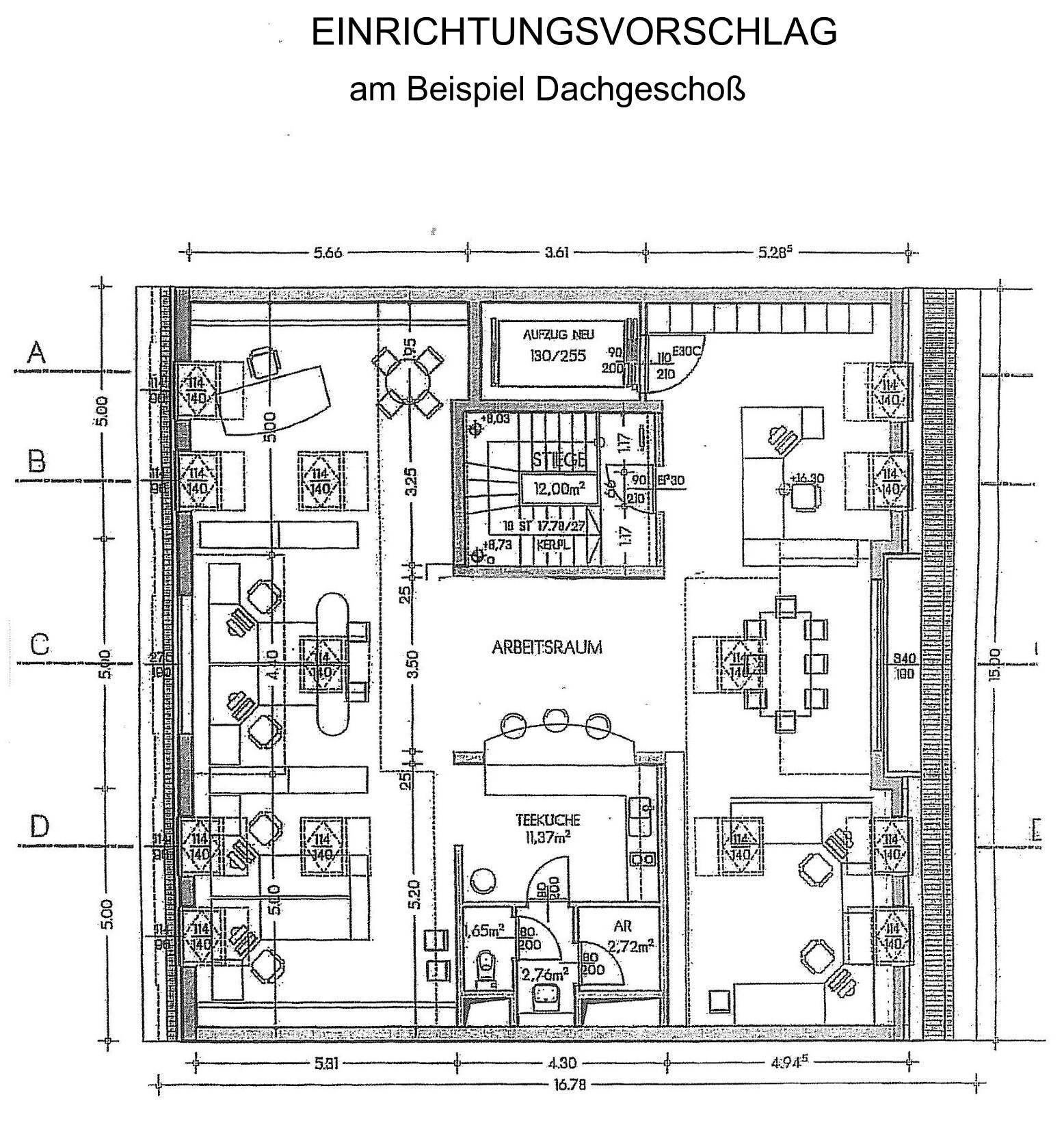 Einrichtungsvorschlag für ein Dachgeschoss mit Arbeitsraum und Teeküche.