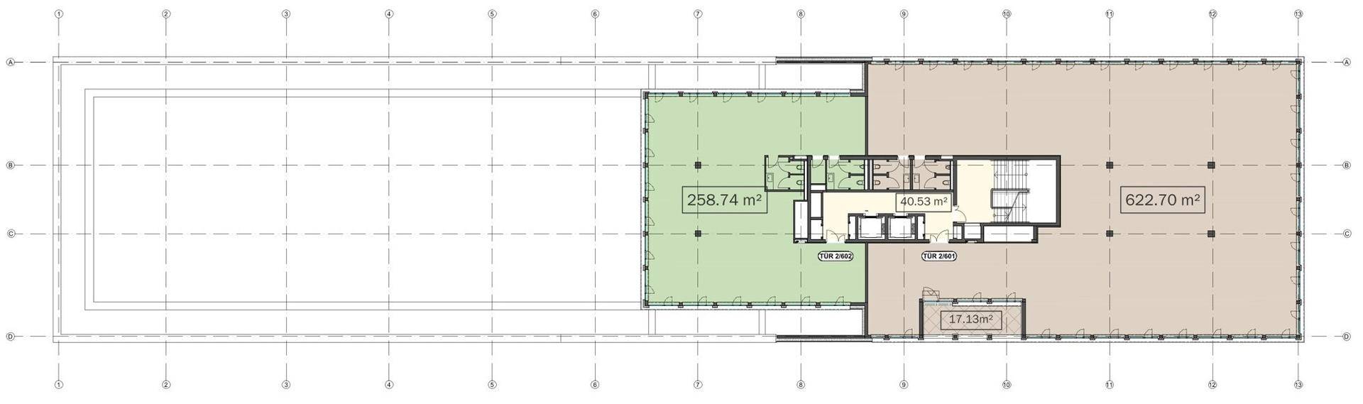 Grundriss einer Bürofläche mit unterteilten Bereichen und einem zentralen Erschließungskern.