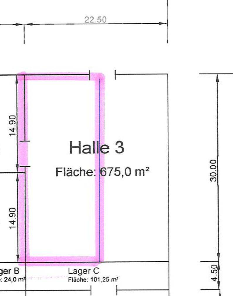Grundriss der Halle 3 mit einer Fläche von 675,0 m² und detaillierten Abmessungen.