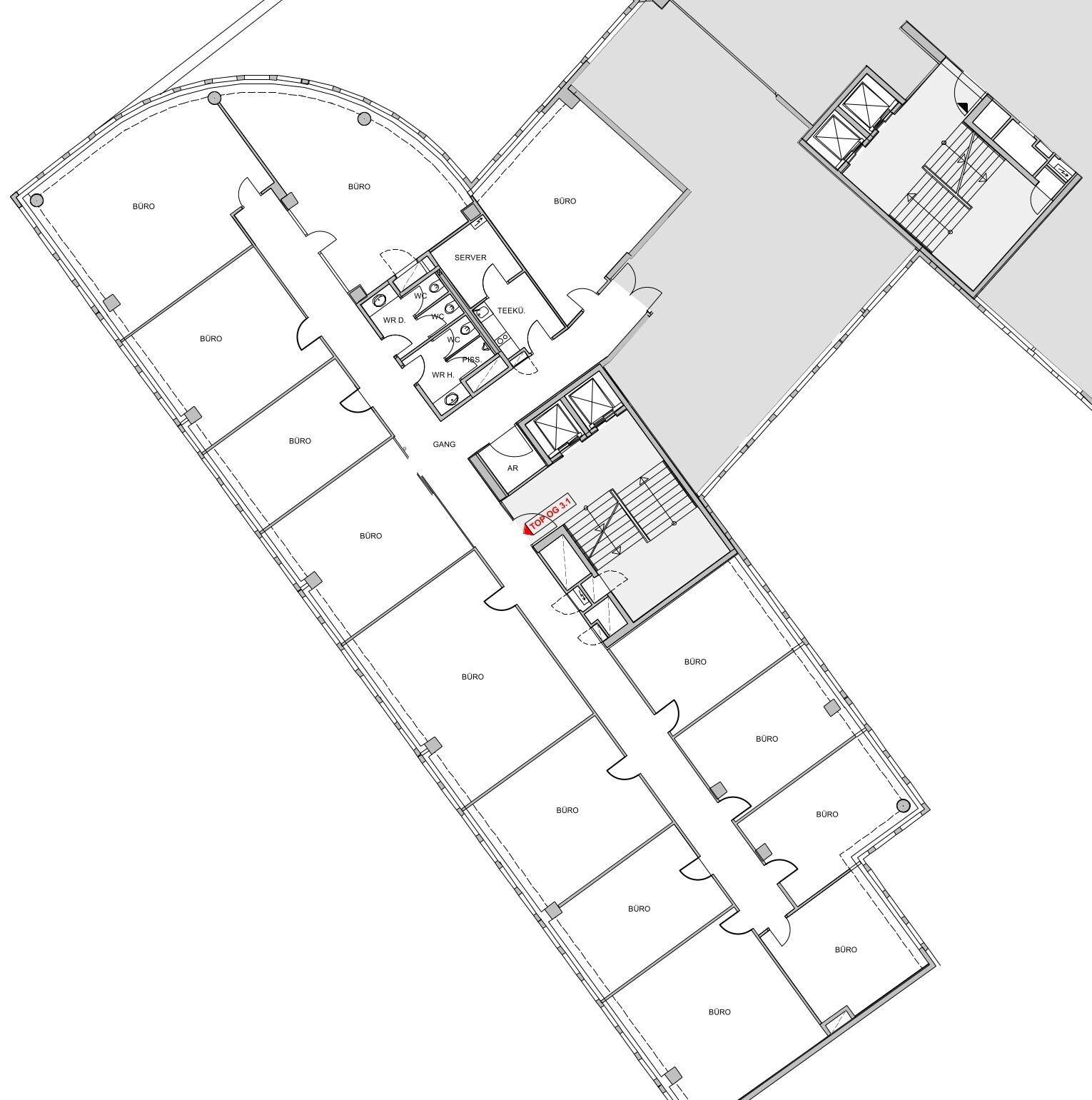 Grundriss einer Büroetage mit mehreren Büroräumen, Serverraum, Toiletten und einem zentralen Gang.