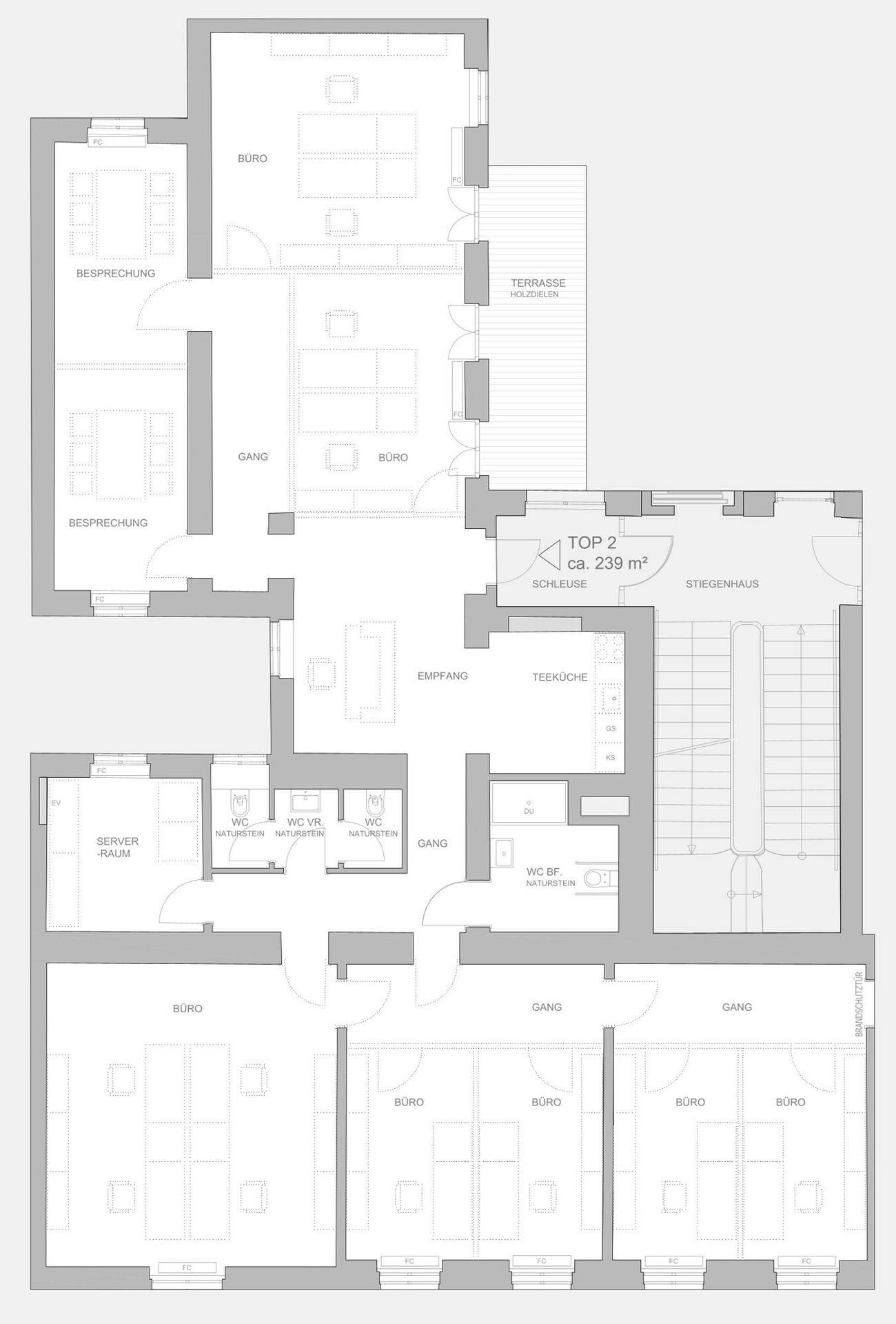 Übersichtlicher Grundriss von Top 2 mit ca. 239 m², inklusive Büros, Besprechungsräumen und Terrasse.