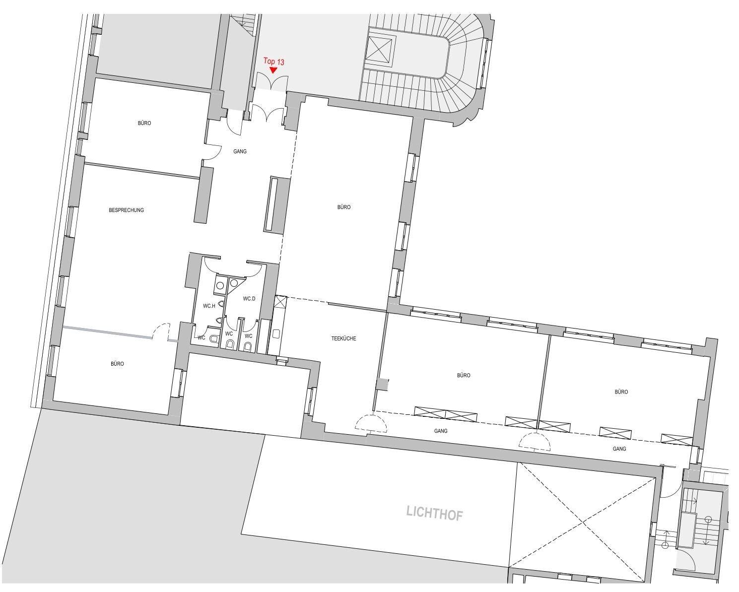 Grundriss eines Bürokomplexes mit mehreren Büros, Besprechungsräumen und Teeküchen, inklusive Lichthof.