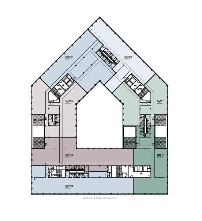 Grundriss des Bürogebäudes mit verschiedenen Mietbereichen und zentralem Atrium.