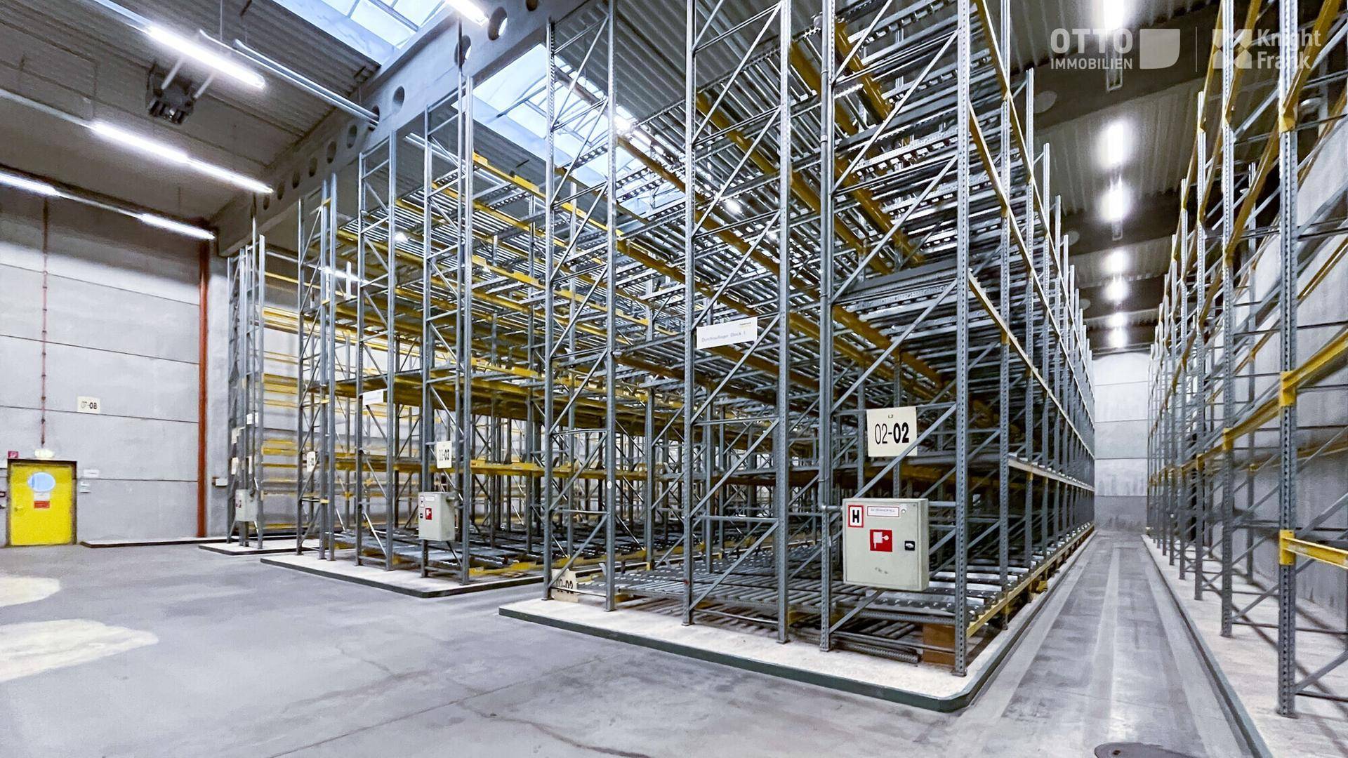 Lagerhalle mit hohen Regalsystemen und Betonboden, optimiert für effiziente Lagerung von Gütern.