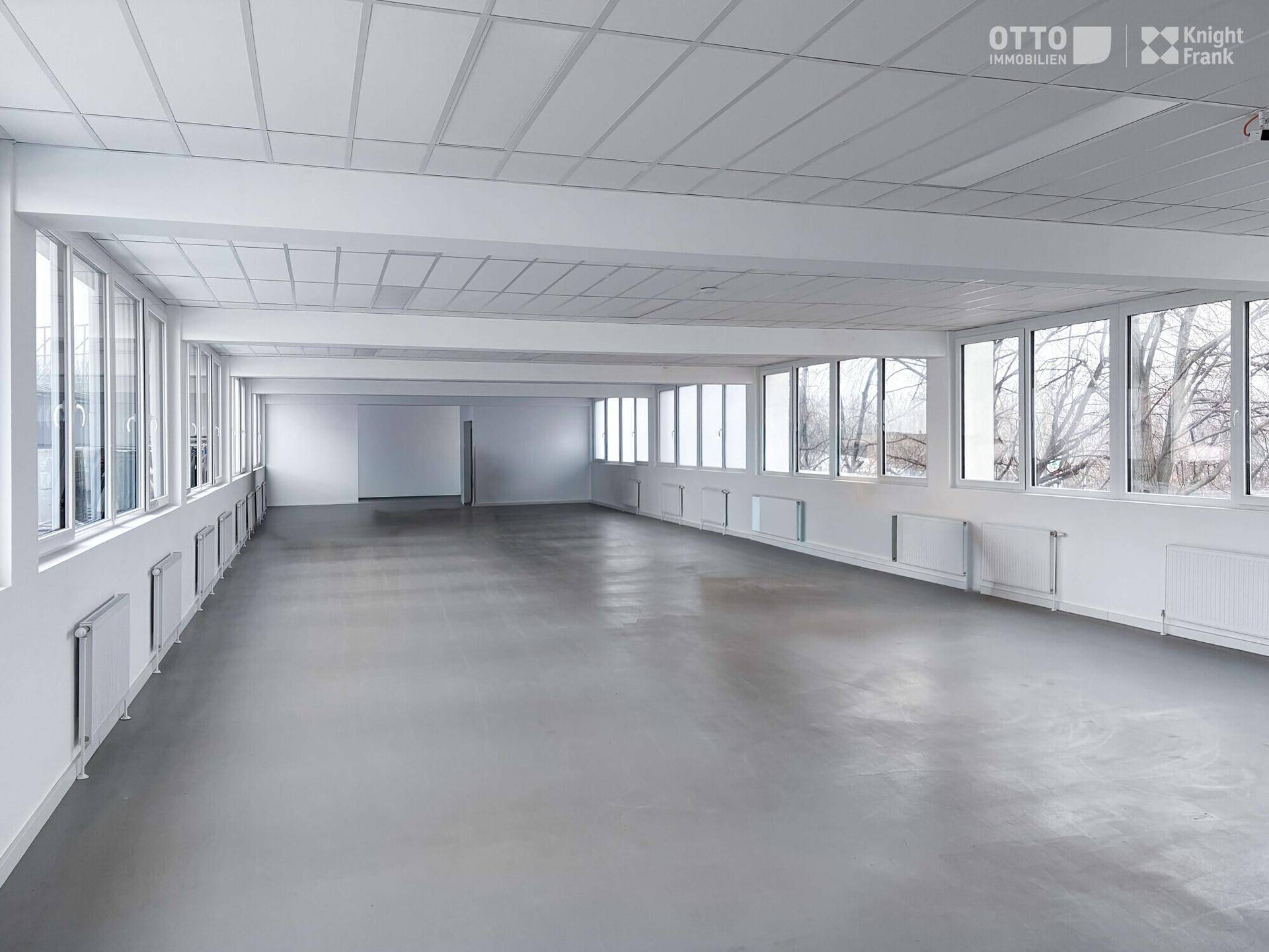 Heller, leerer Büroraum mit vielen Fenstern, Gitterdecke und Betonboden, ideal für flexible Nutzung.
