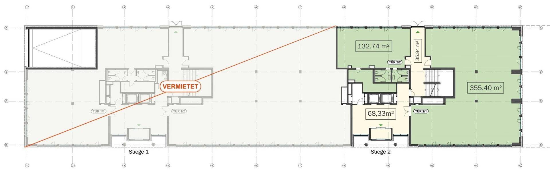 Grundriss einer Büroetage mit vermietetem Bereich und zwei separaten, verfügbaren Einheiten.
