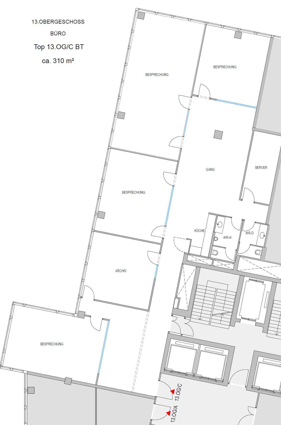 Grundriss des 13. Obergeschosses mit Büros, Besprechungsräumen, Küche und Sanitäranlagen.