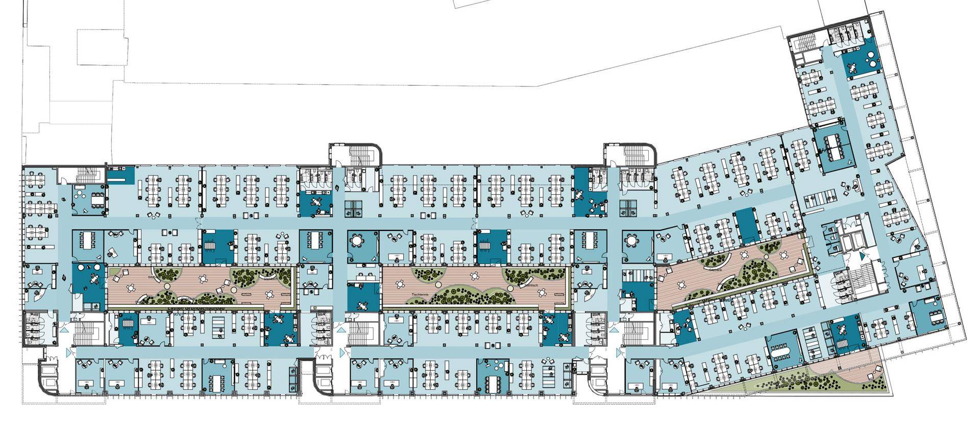Übersichtlicher Grundriss einer Büroetage mit flexiblen Arbeitsbereichen und begrünten Innenhöfen für eine angenehme Atmosphäre.