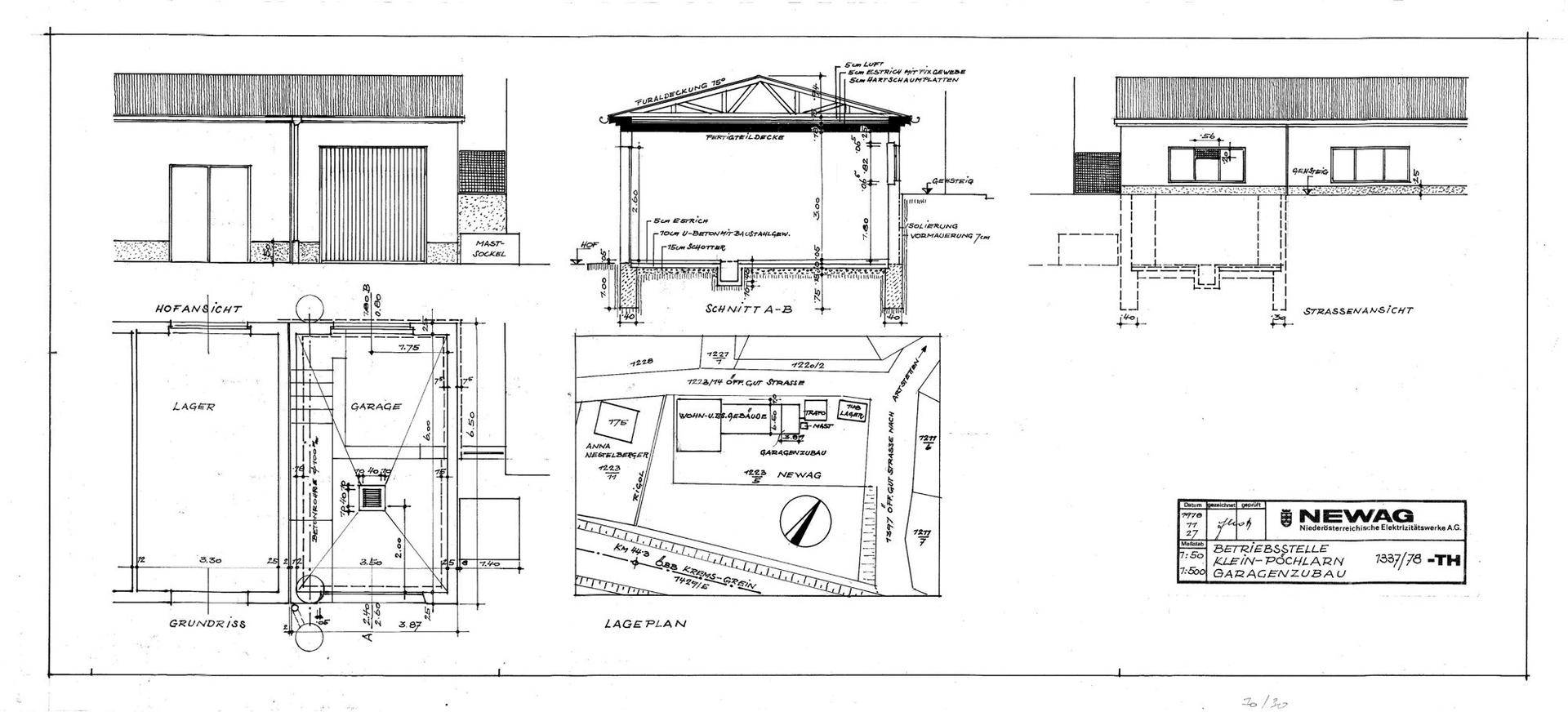 Architektonische Zeichnungen einer Garage mit Grundriss, Schnittansichten und einem Lageplan.