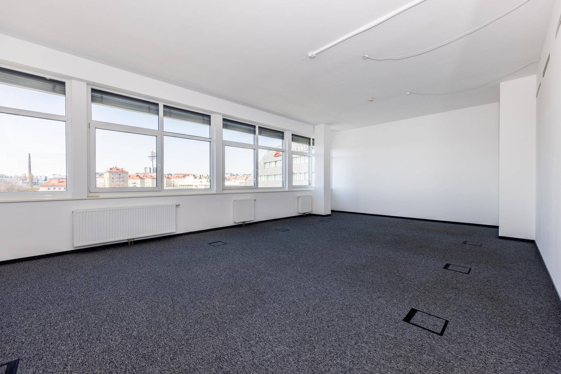 Leerer Büroraum mit Teppichboden, weißen Wänden und großen Fenstern mit Stadtblick.