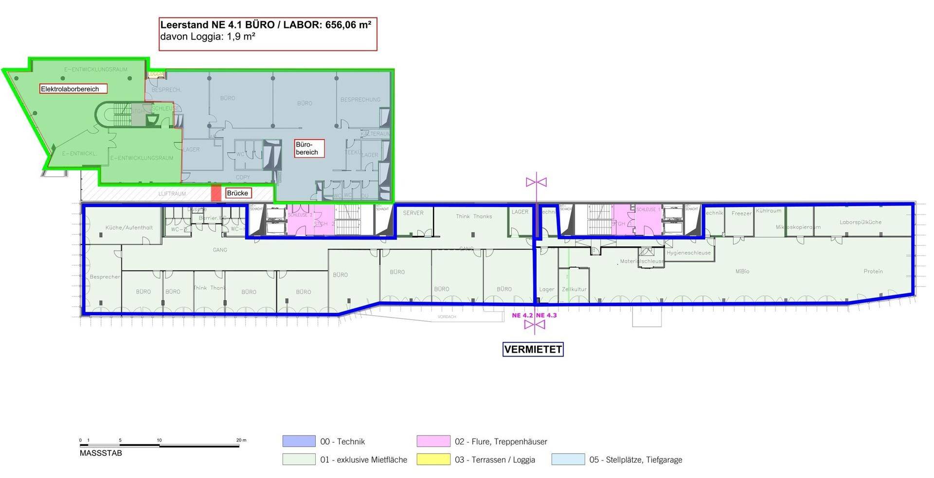 Grundrissplan mit Büro- und Laborflächen, inklusive einer Loggia. Einige Bereiche sind als leerstehend markiert.