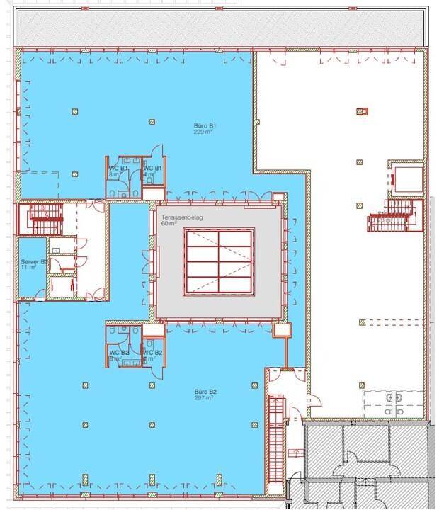 Grundriss eines Bürogeschosses mit mehreren Büroeinheiten, Toiletten und einer zentralen Terrasse.