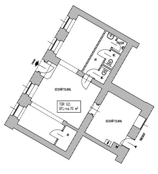 Grundriss eines Geschäftslokals von ca. 70 m² mit separaten Toilettenbereichen.