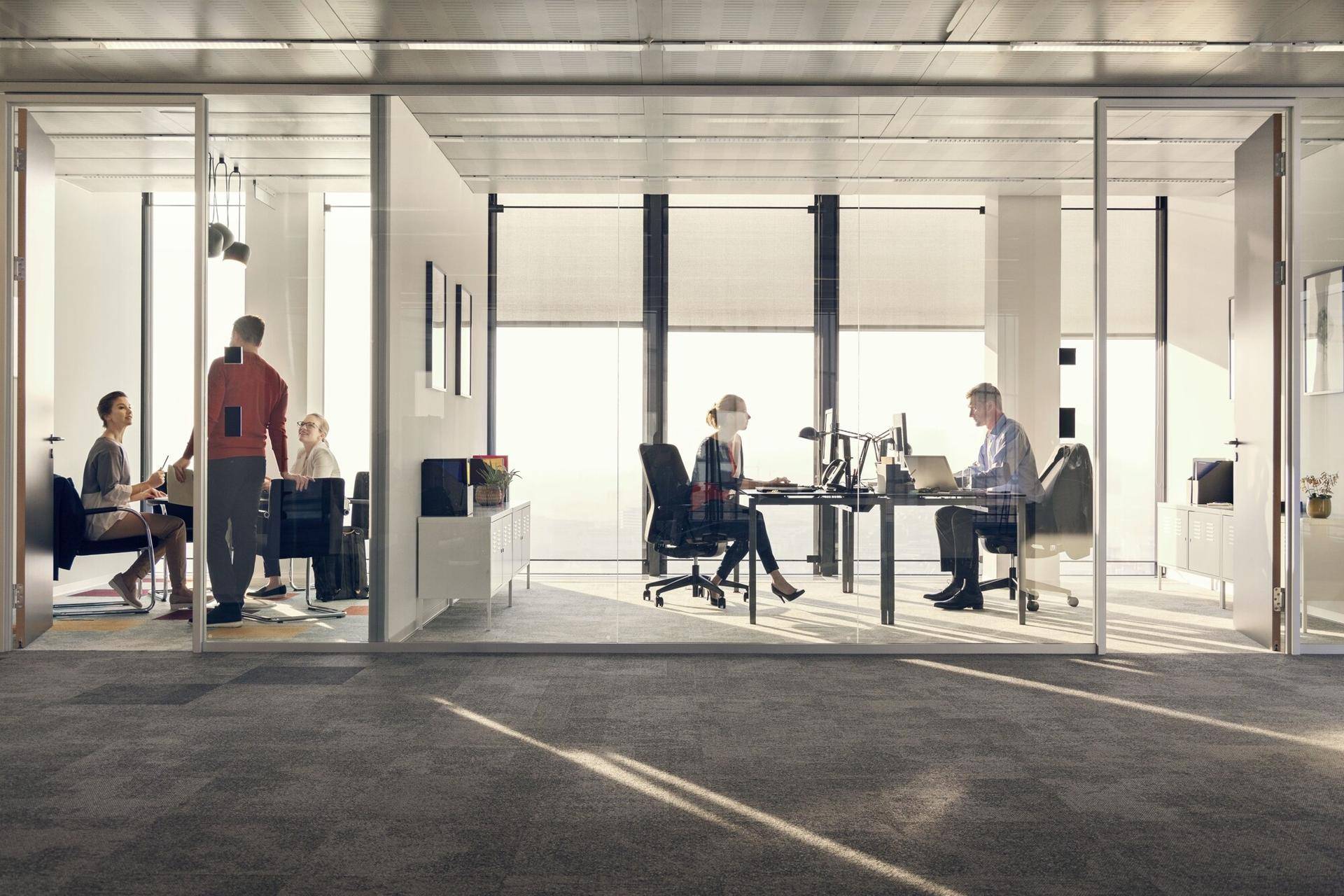 Großes, offenes Büro mit Glaswänden, mehreren Arbeitsplätzen und einem Besprechungsbereich, durchflutet von Tageslicht.