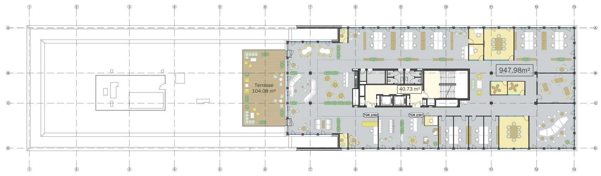 Grundriss einer Büroetage mit großer Terrasse und flexiblen Arbeitsbereichen.