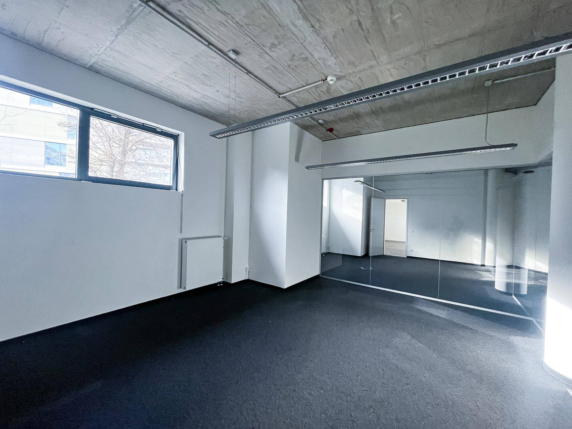 Geräumiger Büroraum mit dunklem Teppichboden, großen Fenstern und moderner Deckenbeleuchtung.