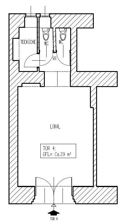Grundriss eines Gewerberaums mit Teeküche und zwei separaten Toilettenbereichen, ideal für ein Geschäftslokal.