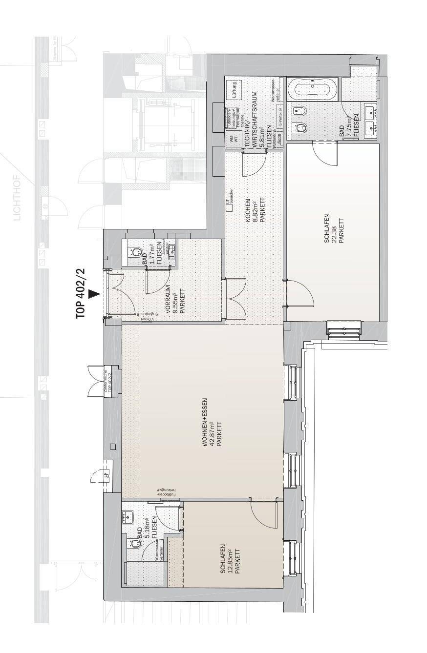 Detaillierter Grundriss der Wohnung mit Wohn-, Schlaf- und Badezimmern sowie einer Küche.