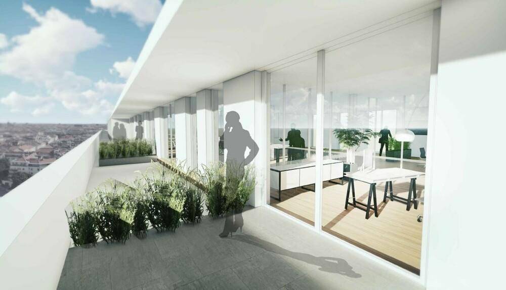 Lange Dachterrasse mit Pflanzen, Glasfronten und weitem Blick über die Stadtlandschaft.