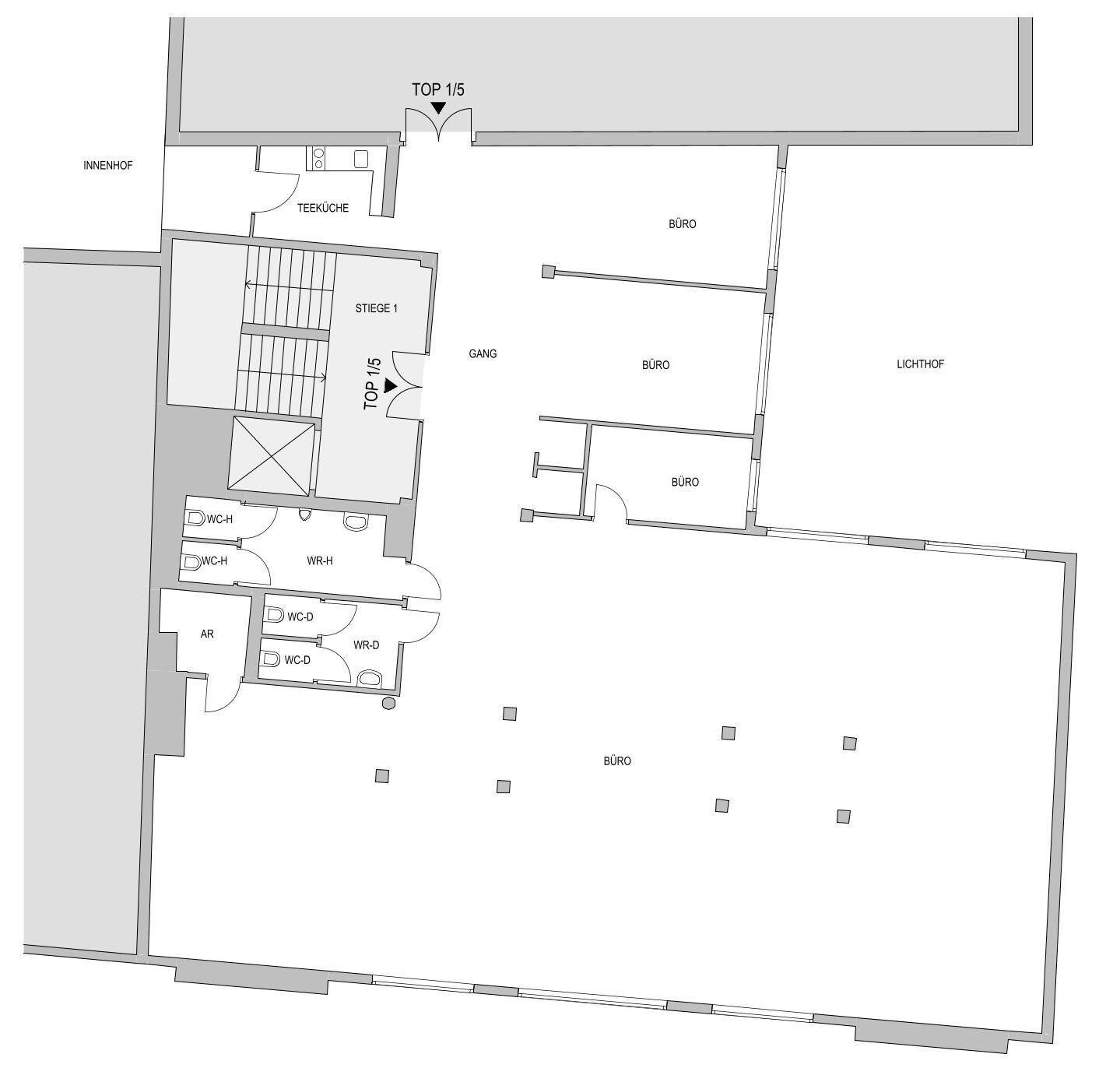Grundrissplan einer Büroetage mit mehreren Büros, Teeküche und Sanitärbereichen.