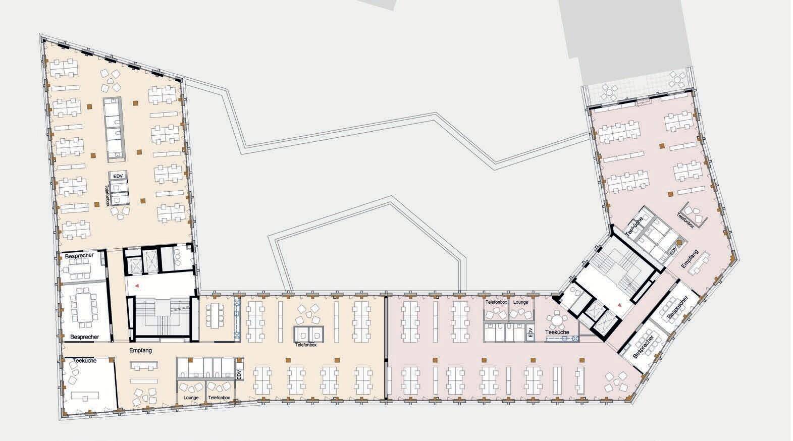 Grundriss mit Möblierungsvorschlag für Büros, Lounges und Teeküchen.