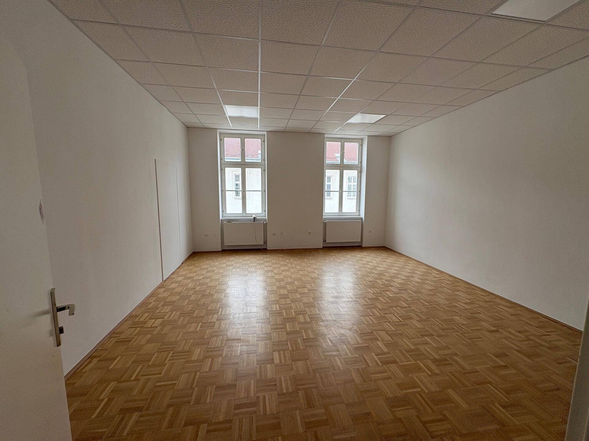 Heller Raum mit Parkettboden, weißen Wänden und zwei Fenstern, ausgestattet mit Deckenbeleuchtung.