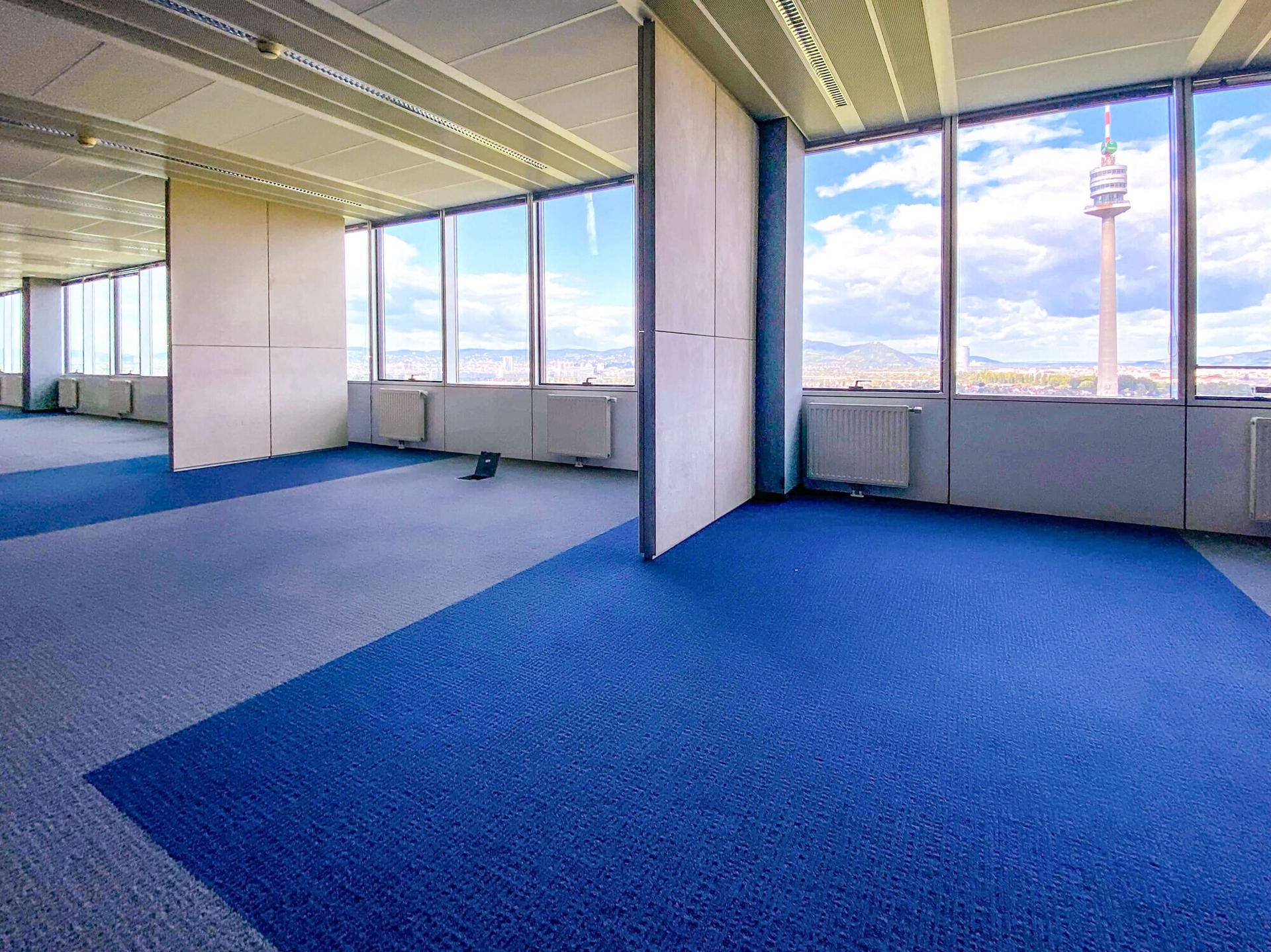 Heller Büroraum mit blauen Teppichflächen und Trennwänden, bietet einen weiten Blick auf die Stadt und den Donauturm.