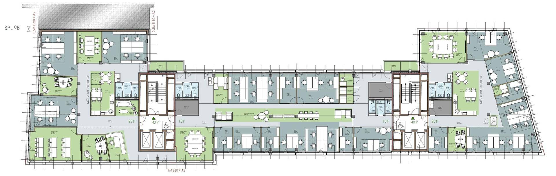 Übersichtlicher Grundriss einer Büroetage mit flexiblen Arbeitsplatzkonzepten und Gemeinschaftsbereichen, gut strukturiert.