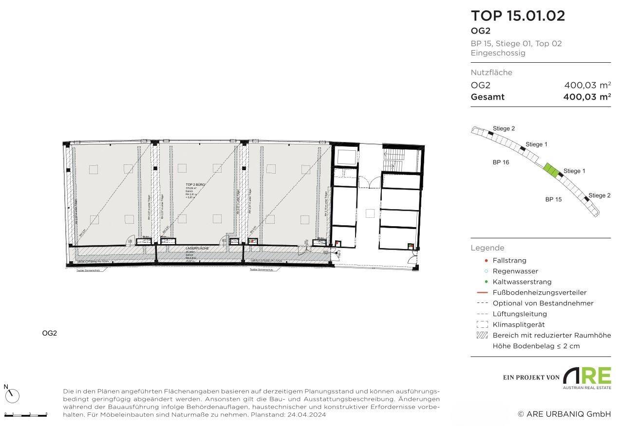 Ein detaillierter Grundriss für eine Gewerbefläche von 400,03 m² im Obergeschoss.