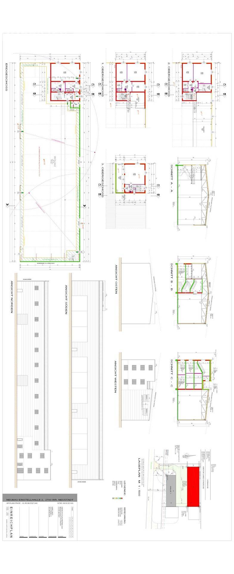 Detaillierte Baupläne und Grundrisse des Gebäudekomplexes mit verschiedenen Ansichten.