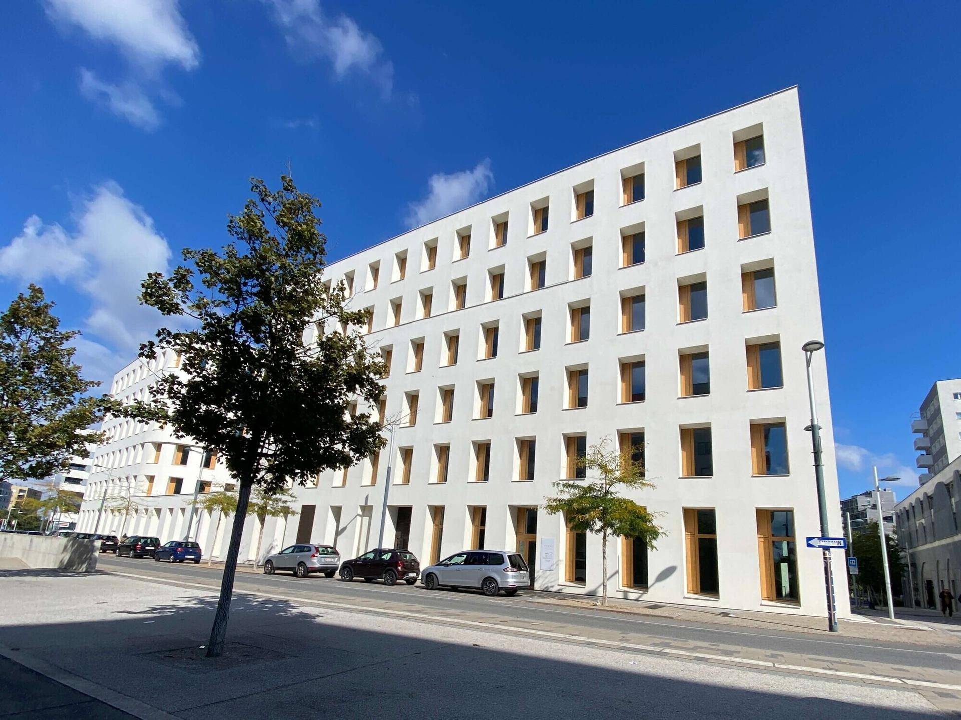 Modernes weißes Gebäude mit vielen Fenstern entlang einer Straße mit parkenden Autos.